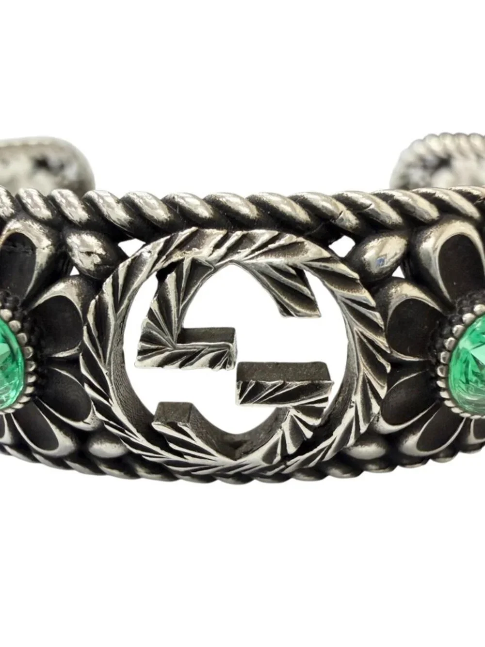 Gucci Rhinestone Crystal Floral Interlocking G Bangle Silver Green 16 Bracelet